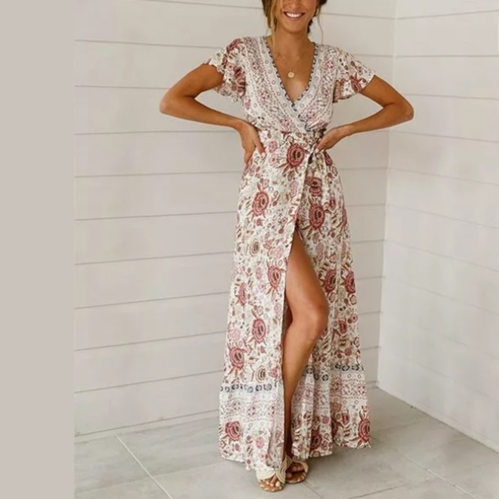 Msquared Pink Floral Flutter-Sleeve Wrap Dress M
